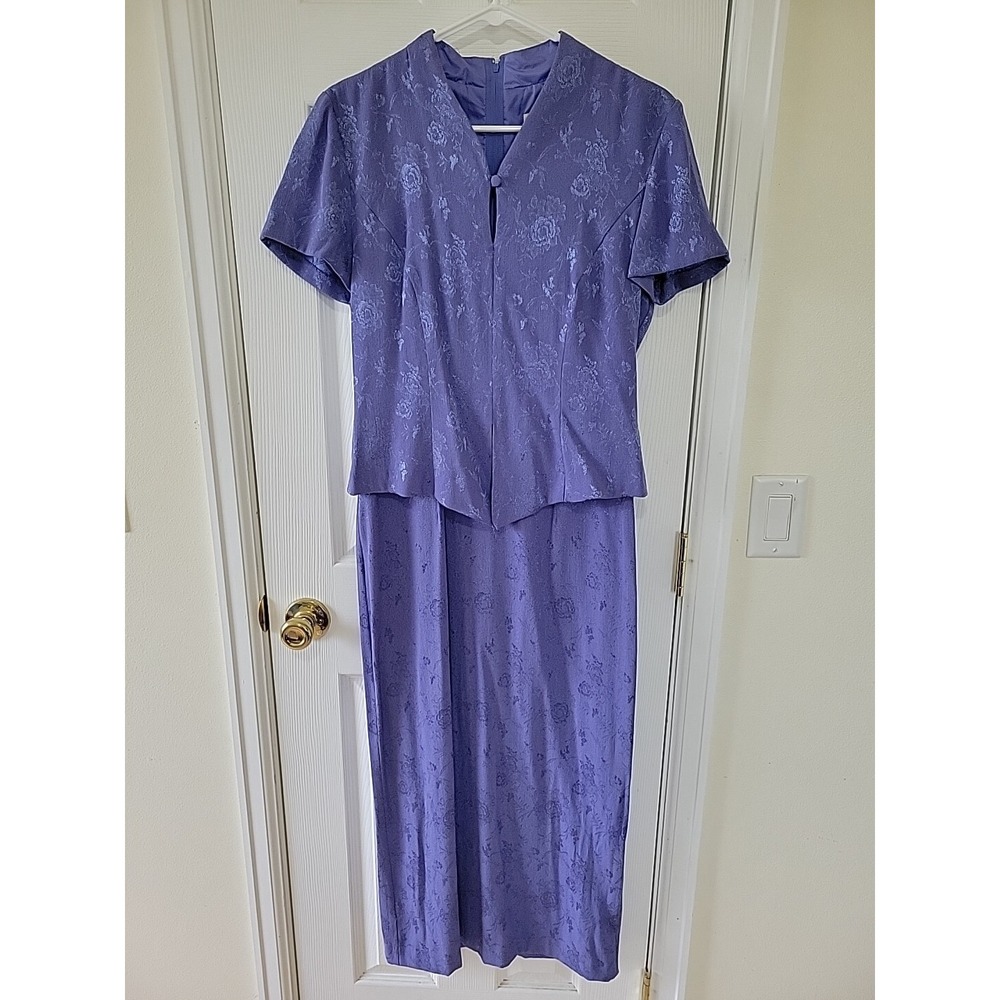 Dressbarn Dress Size 6 Purple Floral Jaquard Maxi Faux‎ Jacket Zip Vintage
